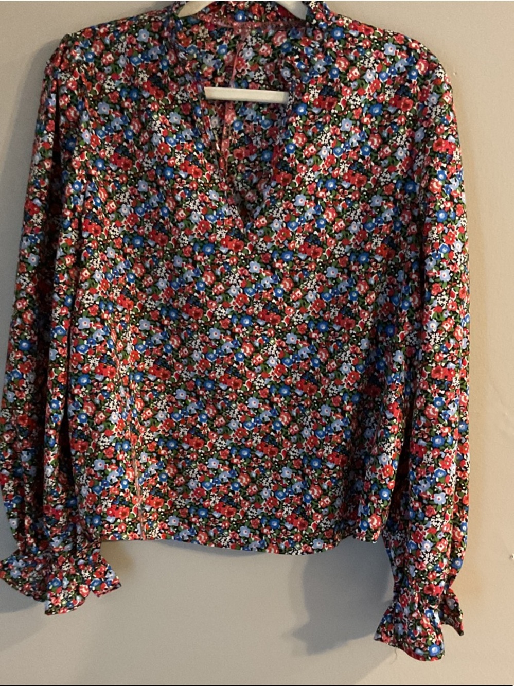 Floral Long-Sleeve V-Neck Blouse in Red Multi